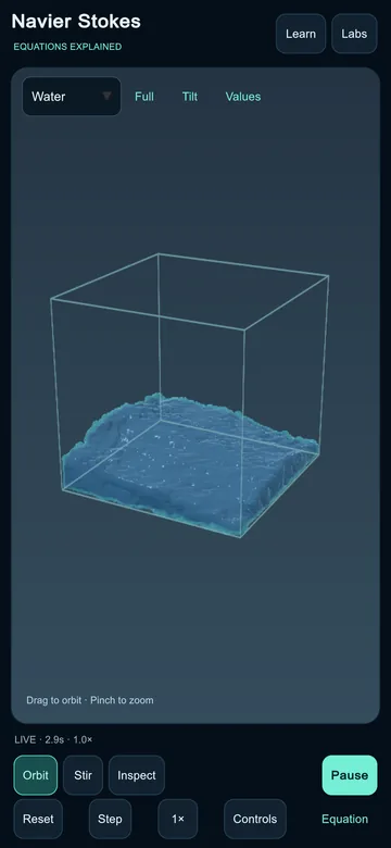 A collapsed column of water sloshing in a 3D tank, with orbit, stir and inspect tools below