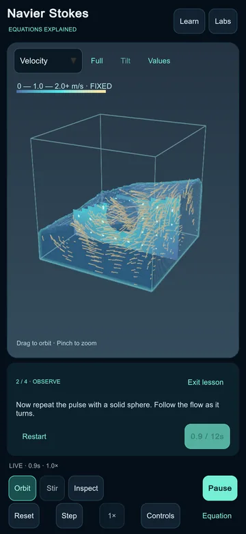 Navier Stokes Explained on iPhone: velocity arrows and tracer trails bending around a sphere inside a 3D tank of water