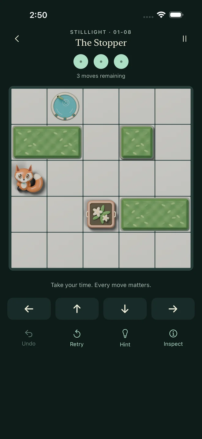Three Moves on iPhone: a ceramic fox, green hedges, a flower planter and a turquoise fountain on a five-by-five board.