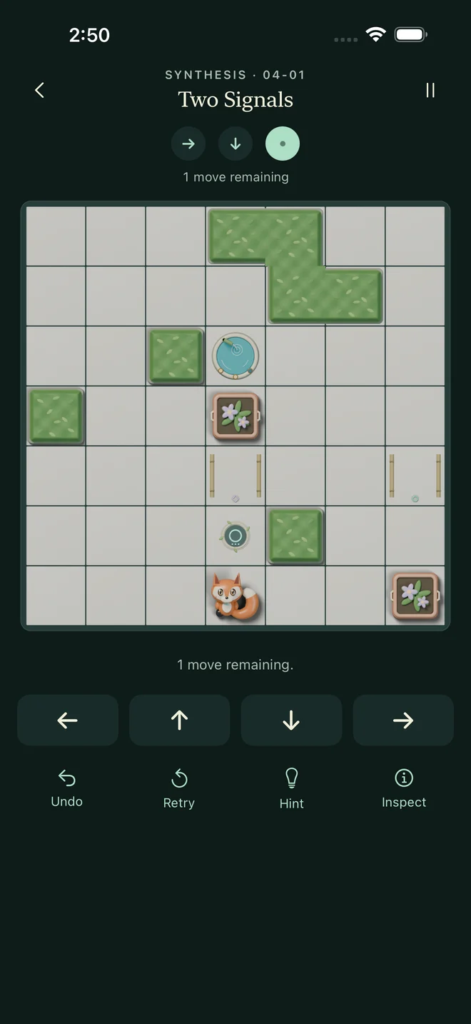 A later Three Moves puzzle with two flower planters, circle and diamond pressure stones, and open bamboo gates.